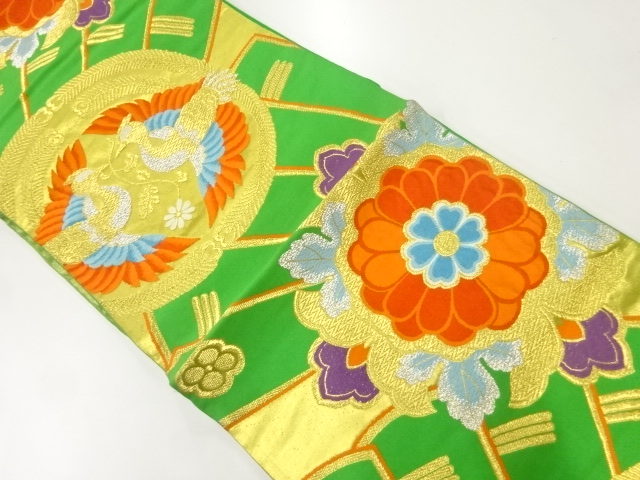 アンティーク　桧扇に向かい鳥模様織り出し袋帯(材料)